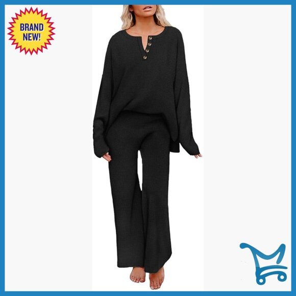 Plus Size Waffle Knit Lounge Set Pullover Top Wide Leg Pants 2 Piece